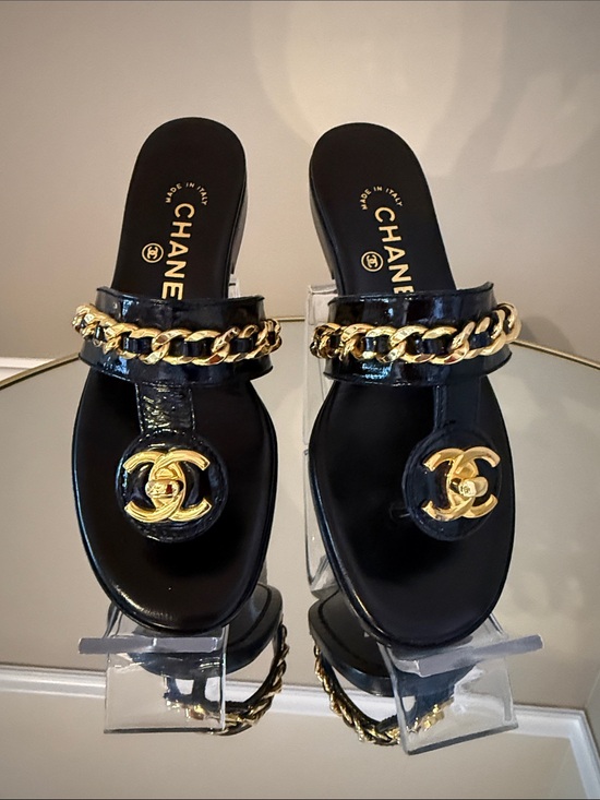 CHANEL Shoes - CHANEL Turnlock gold chain sandals size 36.5